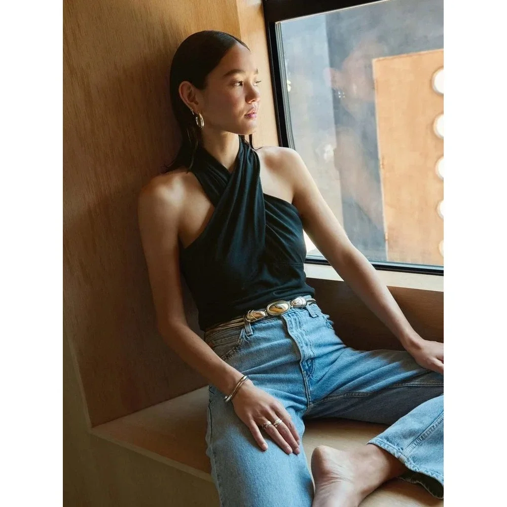 Nation LTD Hanna Halter Cross Front Top Black Pima Cotton Blend NWT M Peru Basic